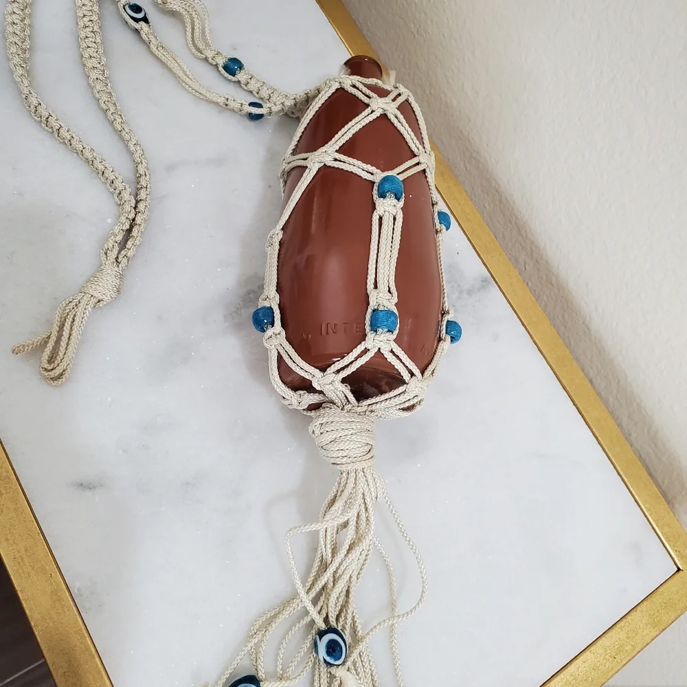Vintage Bohemian Portugal Brown Glass Hanging Planter Decor Evil Eye Glass Beads